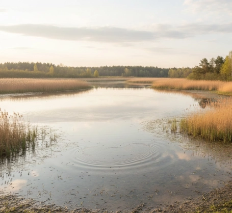 spring pike locations in lakes warm shallow bay with reeds and calm water where pike roam and follow baitfish
