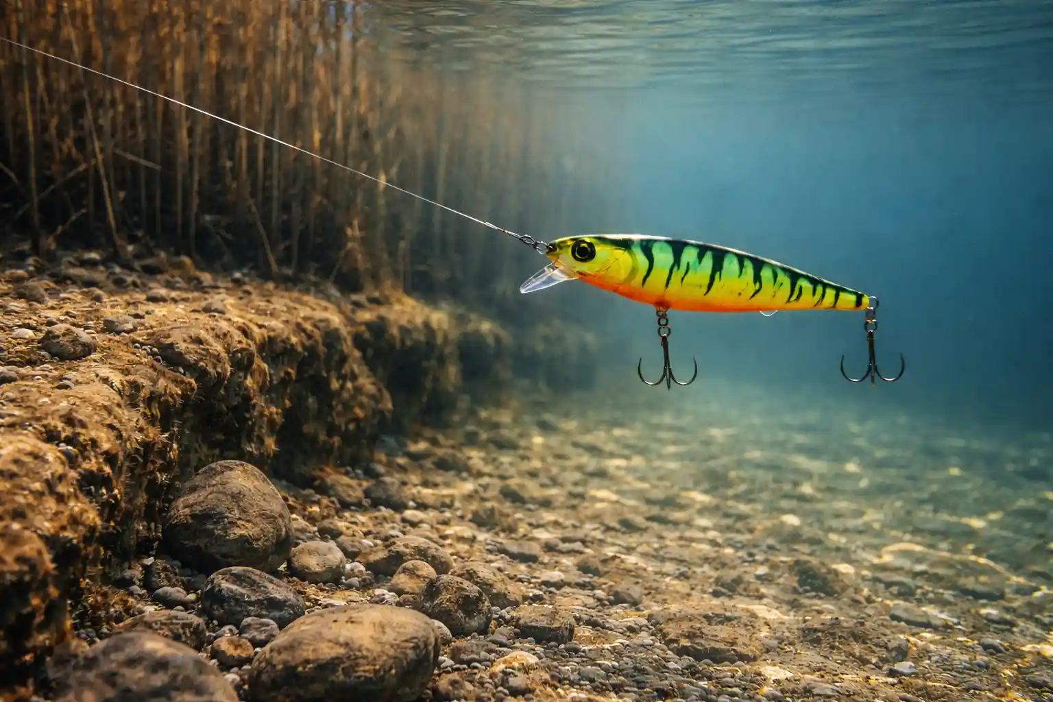 Fire tiger jerkbait suspended near reed edge in clear spring water, paused over rocky drop-off during post-front high-pressure conditions