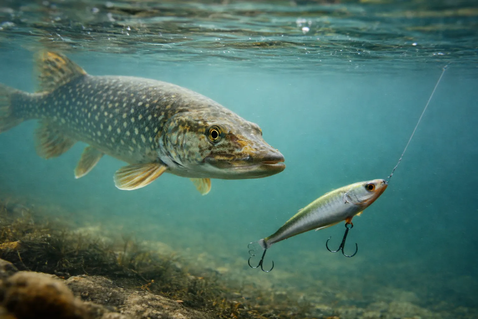 spring pike behavior explained — pre-spawn pike following a lure in cold, warming water