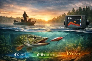 Spring pike depths in 4–10°C warming water – pre-spawn northern pike holding at mid-depth near breakline