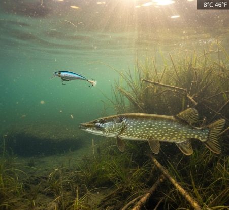 Discover spring pike depths at 8°C – where fish hold in late April early May before shallow pre-spawn move