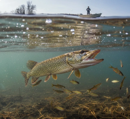 Best Time to Catch Pike in Spring – underwater pre-spawn pike tracking baitfish during short metabolic feeding window in cold 4–10°C water