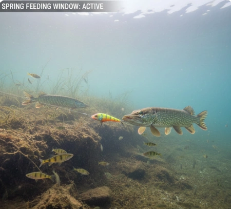 Best Time to Catch Pike in Spring – underwater pike tracking jerkbait as baitfish rise during active spring feeding window