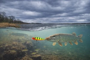 Best Time to Catch Pike in Spring – angler fishing during stable afternoon warming conditions on misty mountain lake