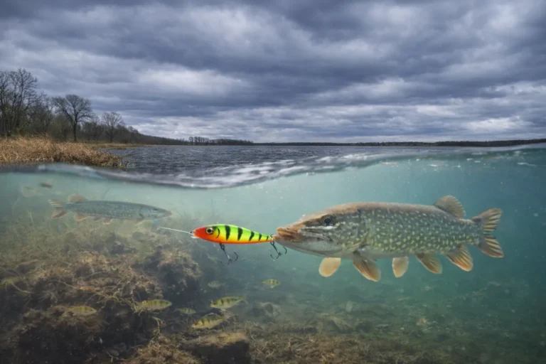 Best Time to Catch Pike in Spring – angler fishing during stable afternoon warming conditions on misty mountain lake