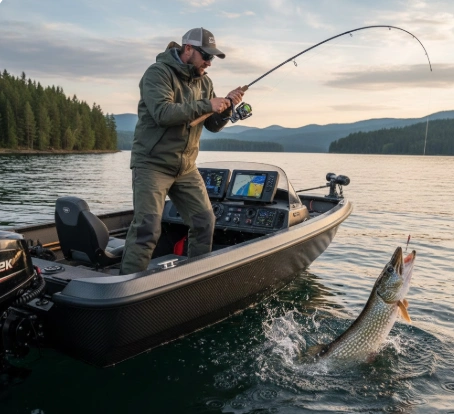 Spring pike rods bending under load as angler fights aggressive pre-spawn pike from boat in cold open water