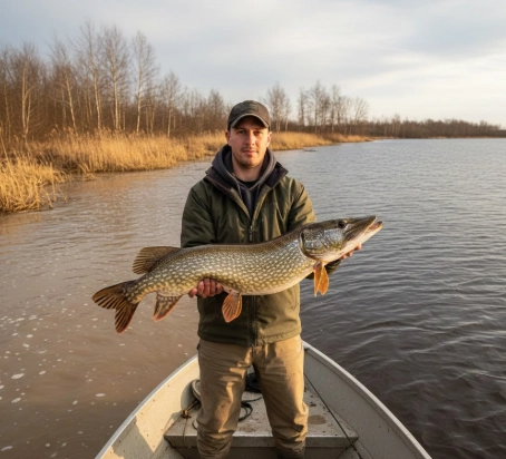 Pre-spawn northern pike landed from boat beside muddy runoff seam in early spring conditions