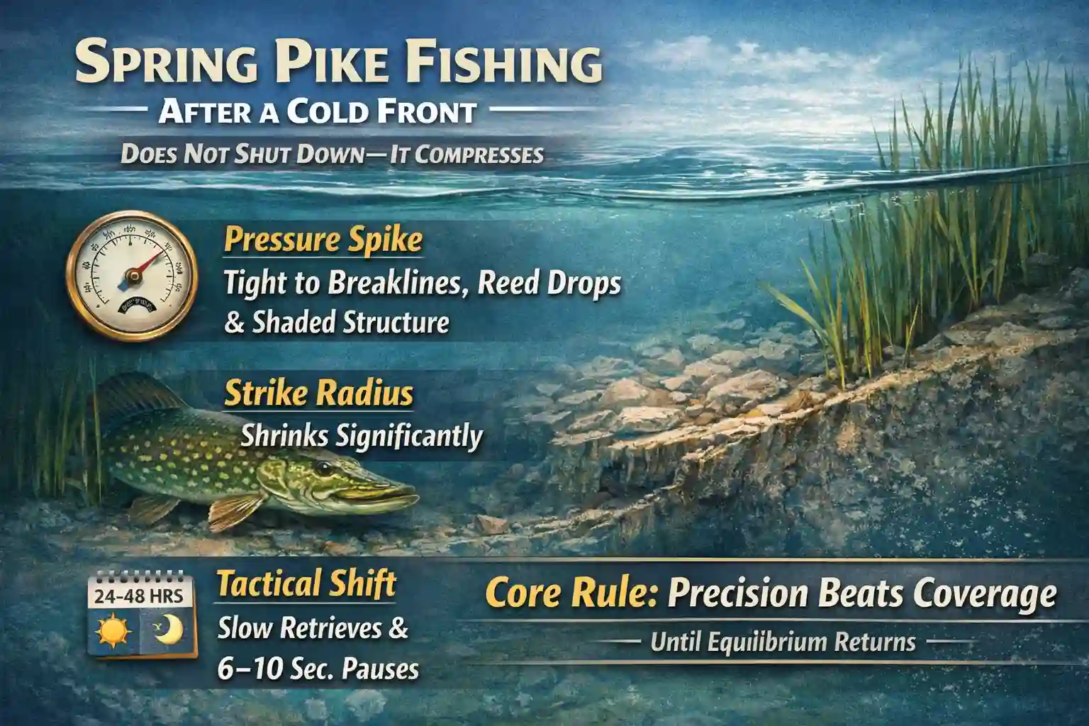 Spring pike fishing after a cold front – northern pike holding tight to breakline structure under high pressure conditions with reed edge and shallow drop-off visible in clear bluebird spring water