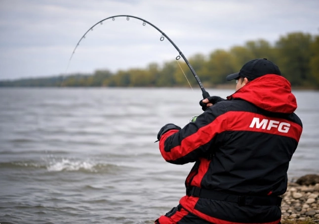 Spring Pike Rods in Action – MFG Angler Fighting Powerful Pike From Shore With Deeply Bent Rod