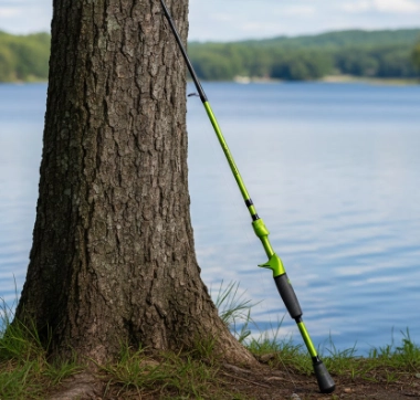 Lew’s MACH 2 medium heavy baitcasting rod with green blank and Winn grip for spring pike fishing