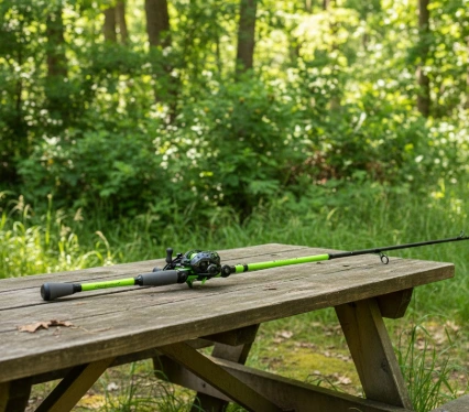 Lew’s MACH 2 casting fishing rod resting on wooden bench used as mid-range spring pike rods option for early season fishing
