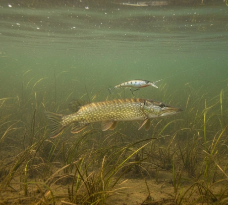 spring pike fishing slow suspending jerkbait presentation in shallow reed water during pre-spawn