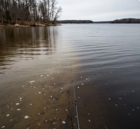 Spring pike fishing in muddy water – strong visible mud line seam showing the exact ambush line where pre-spawn pike strike