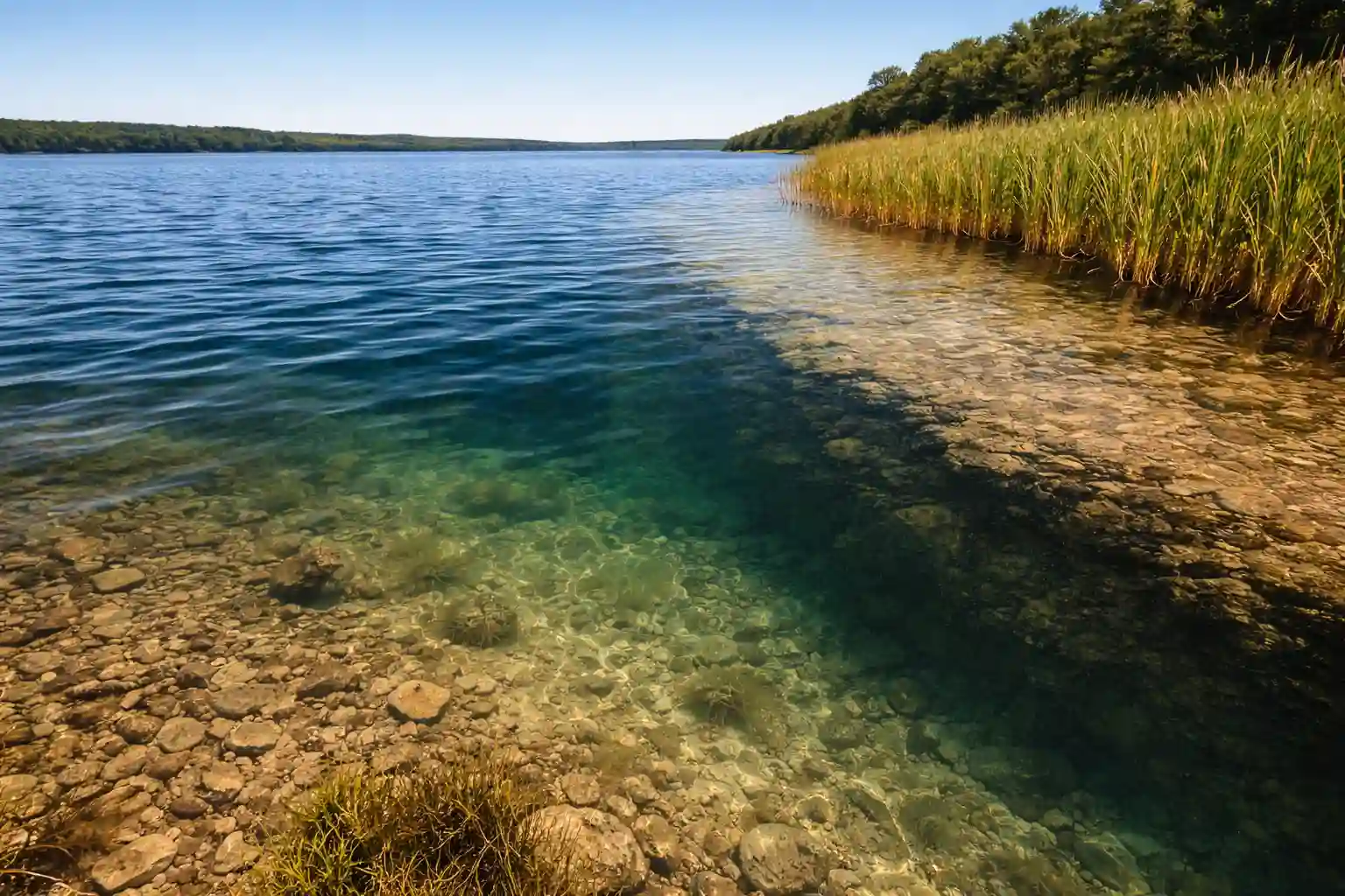 Spring pike fishing after a cold front – clear bluebird conditions showing shallow flat transitioning into deeper breakline beside reed edge with sharp light penetration