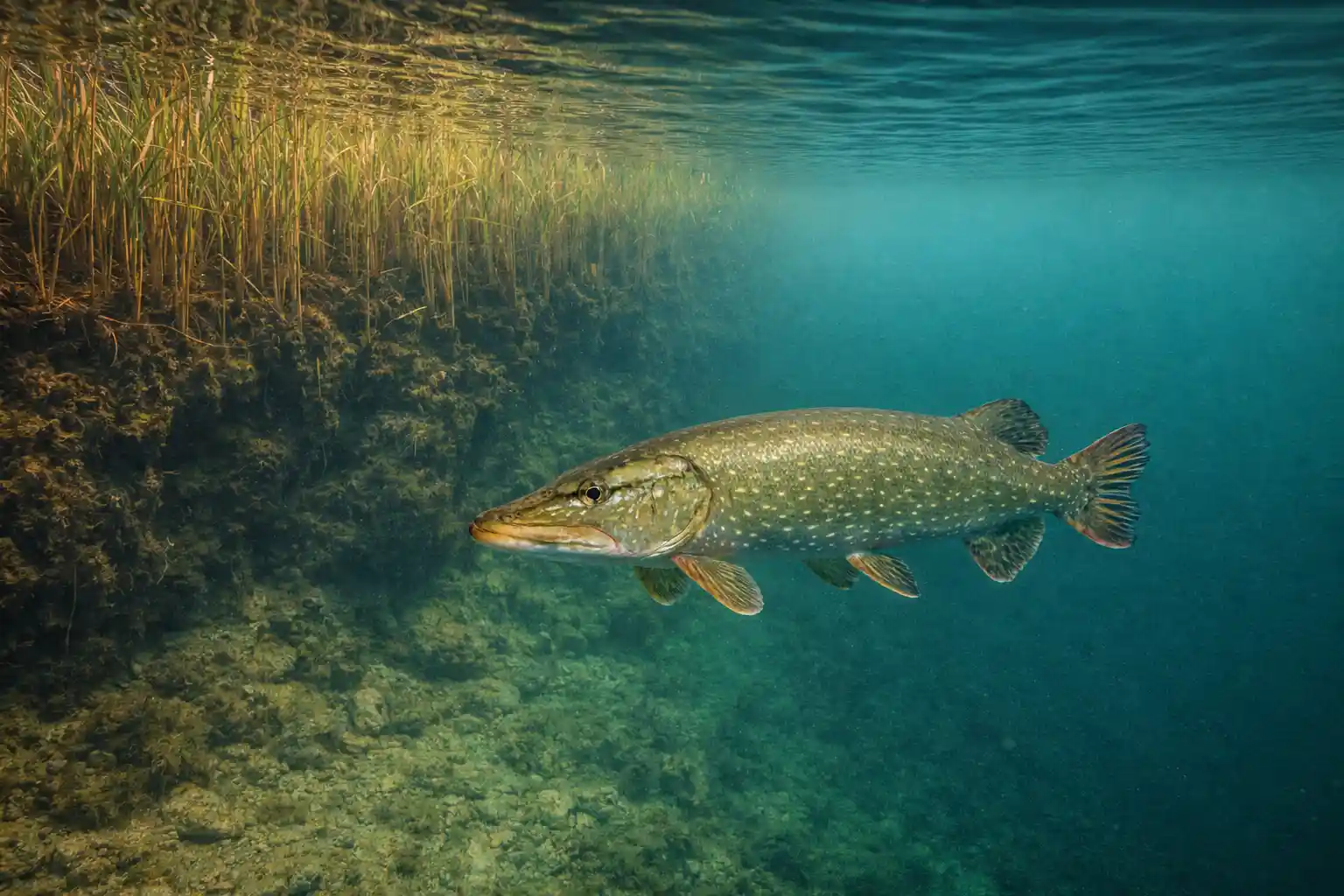 Post-spawn pike in spring holding on first breakline during recovery phase before feeding window opens
