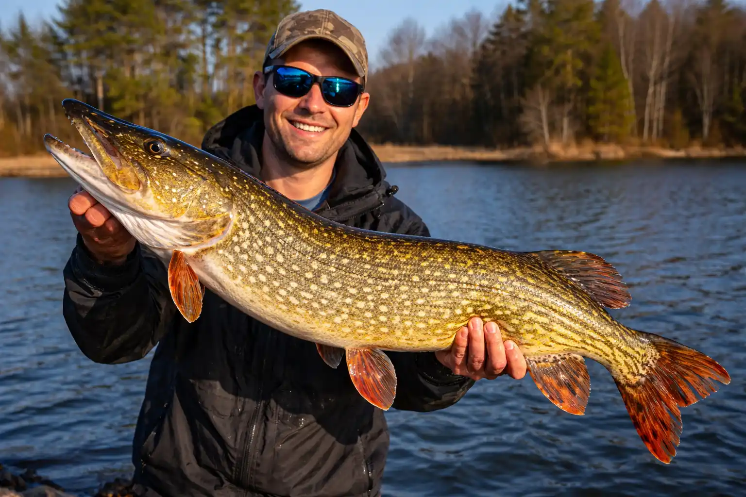 spring pike swimbait strike – angler holding giant northern pike caught on swimbait in shallow spring water