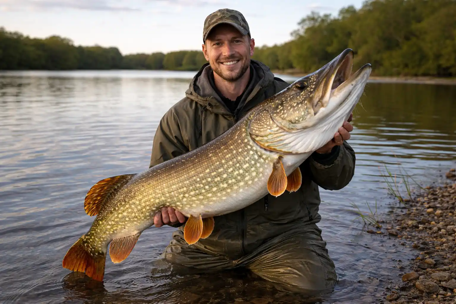 spring pike spinnerbaits big northern pike catch – angler holding giant pike by the lake