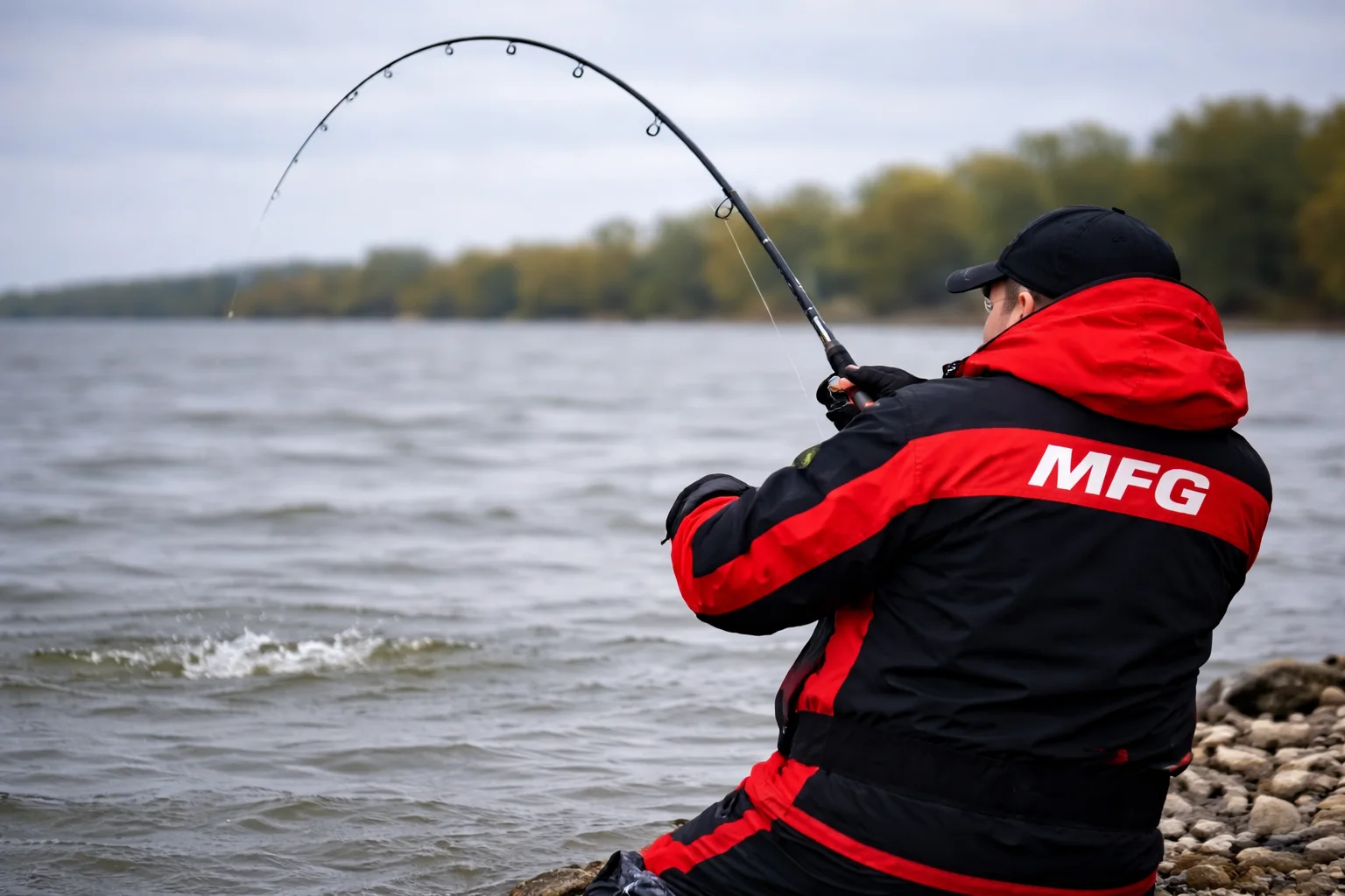 angler in MFG jacket fighting a fish from shore