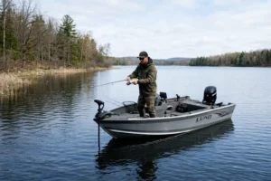 spring pike fishing from a boat angler casting from aluminum fishing boat in shallow water near shoreline during early season conditions
