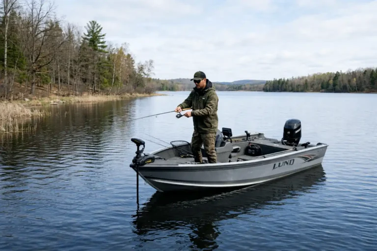 spring pike fishing from a boat angler casting from aluminum fishing boat in shallow water near shoreline during early season conditions