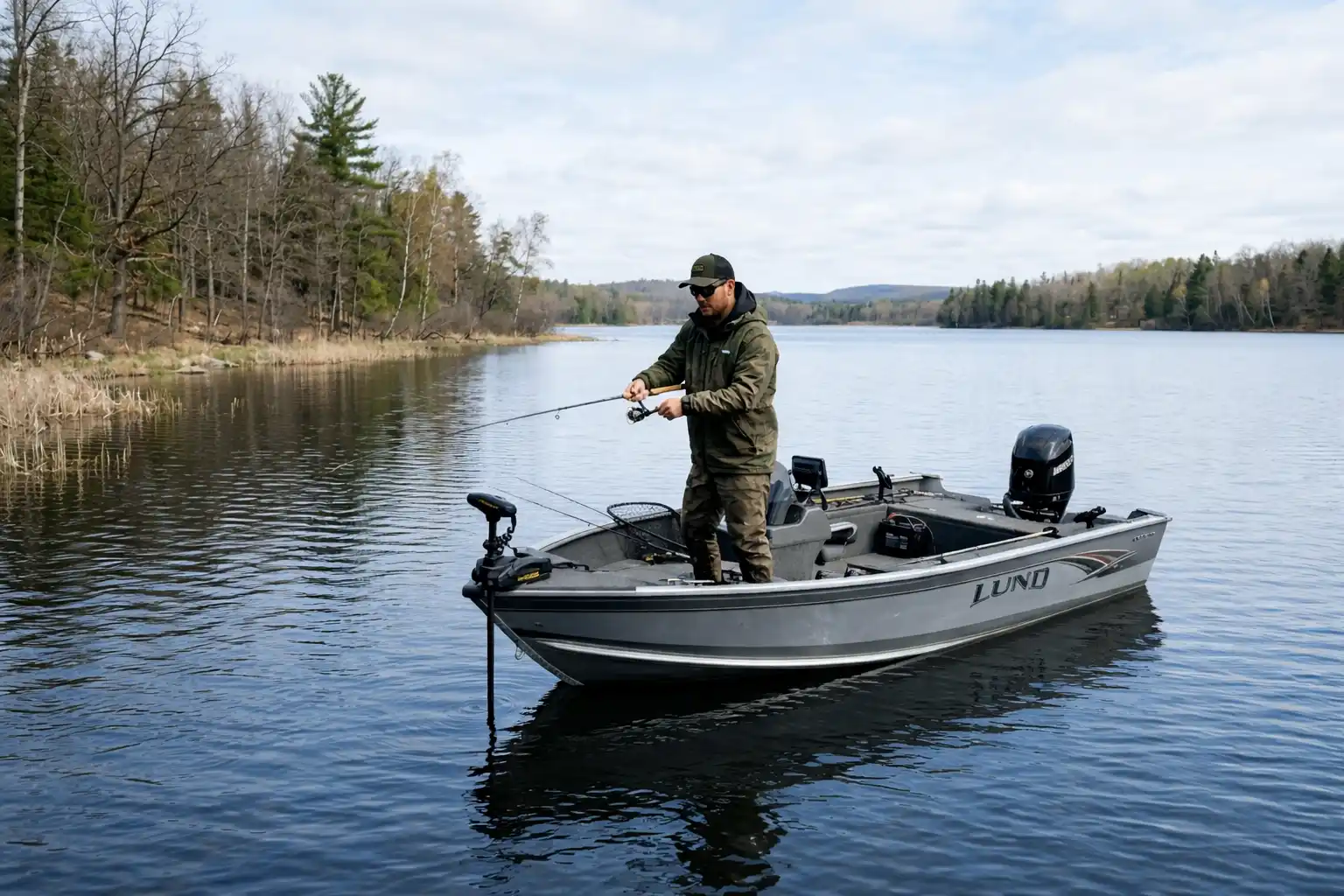 spring pike fishing from a boat angler casting from aluminum fishing boat in shallow water near shoreline during early season conditions