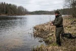 spring pike fishing from shore on a natural lake bank with shallow water access and proven casting position