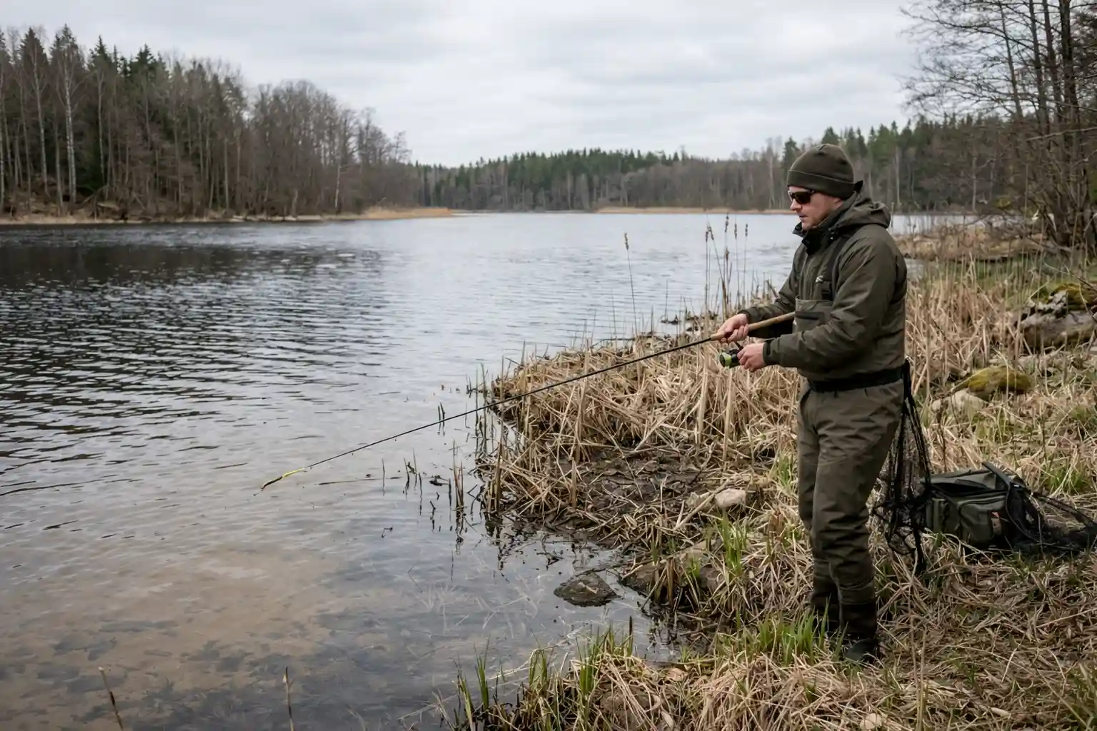 spring pike fishing from shore on a natural lake bank with shallow water access and proven casting position