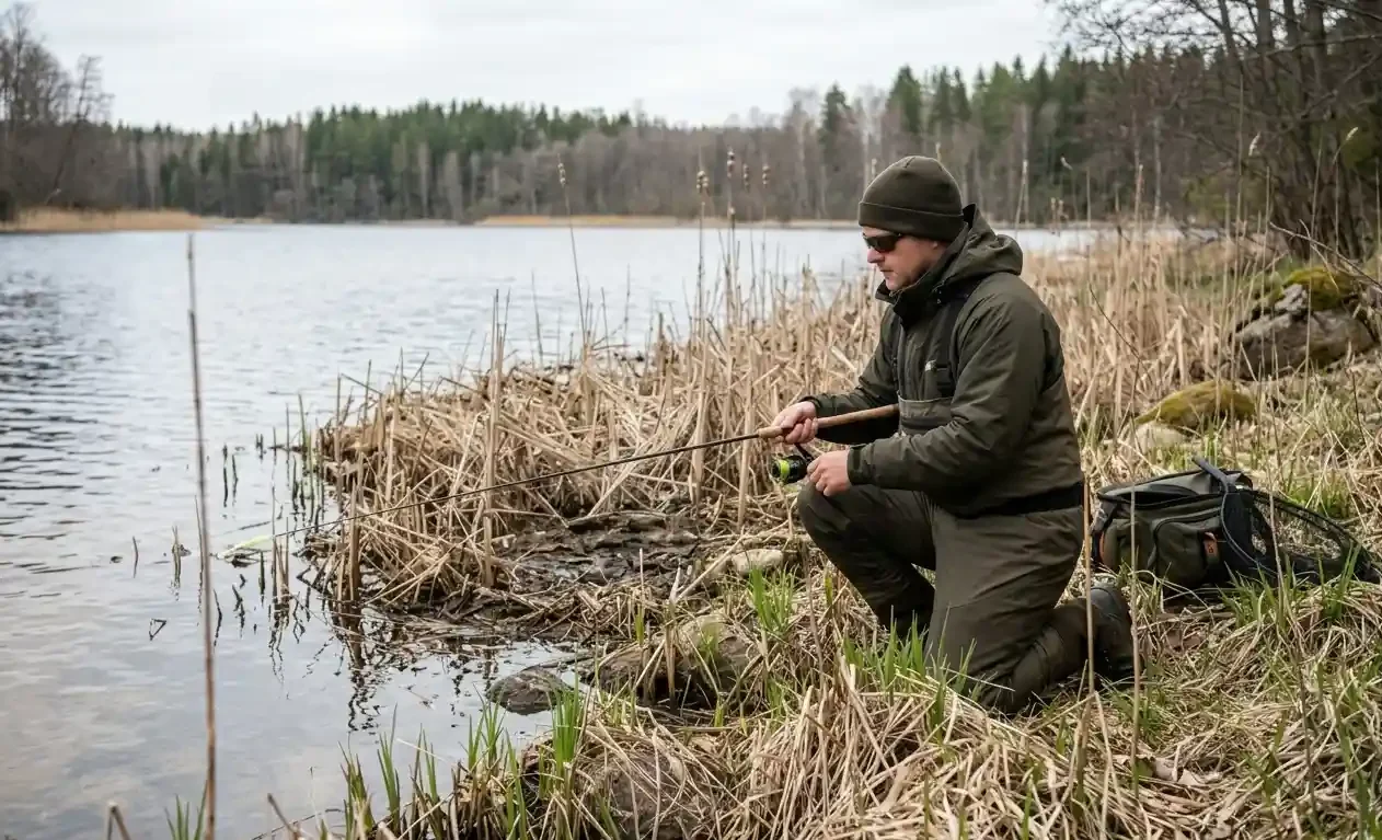 spring pike fishing from shore angler casting in shallow water near reeds early season setup