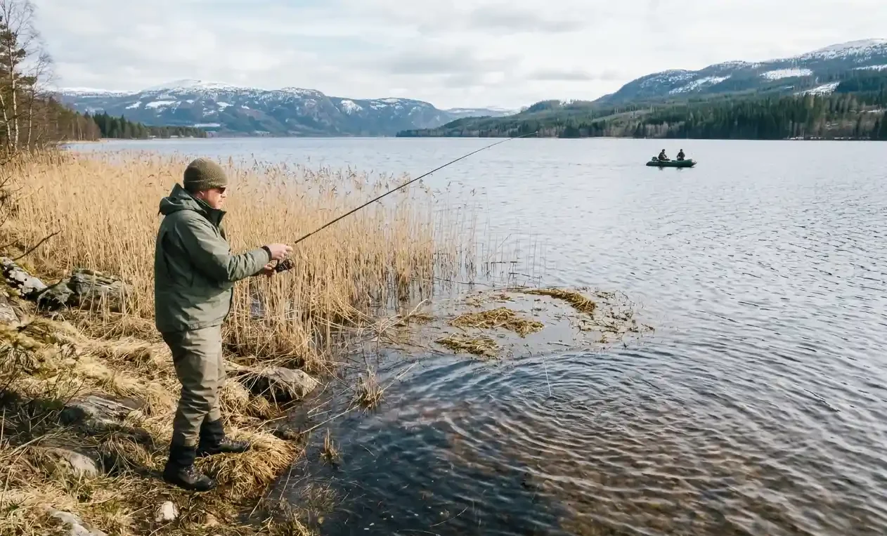 spring pike fishing from shore angler casting along reeds in shallow water early season strike zone