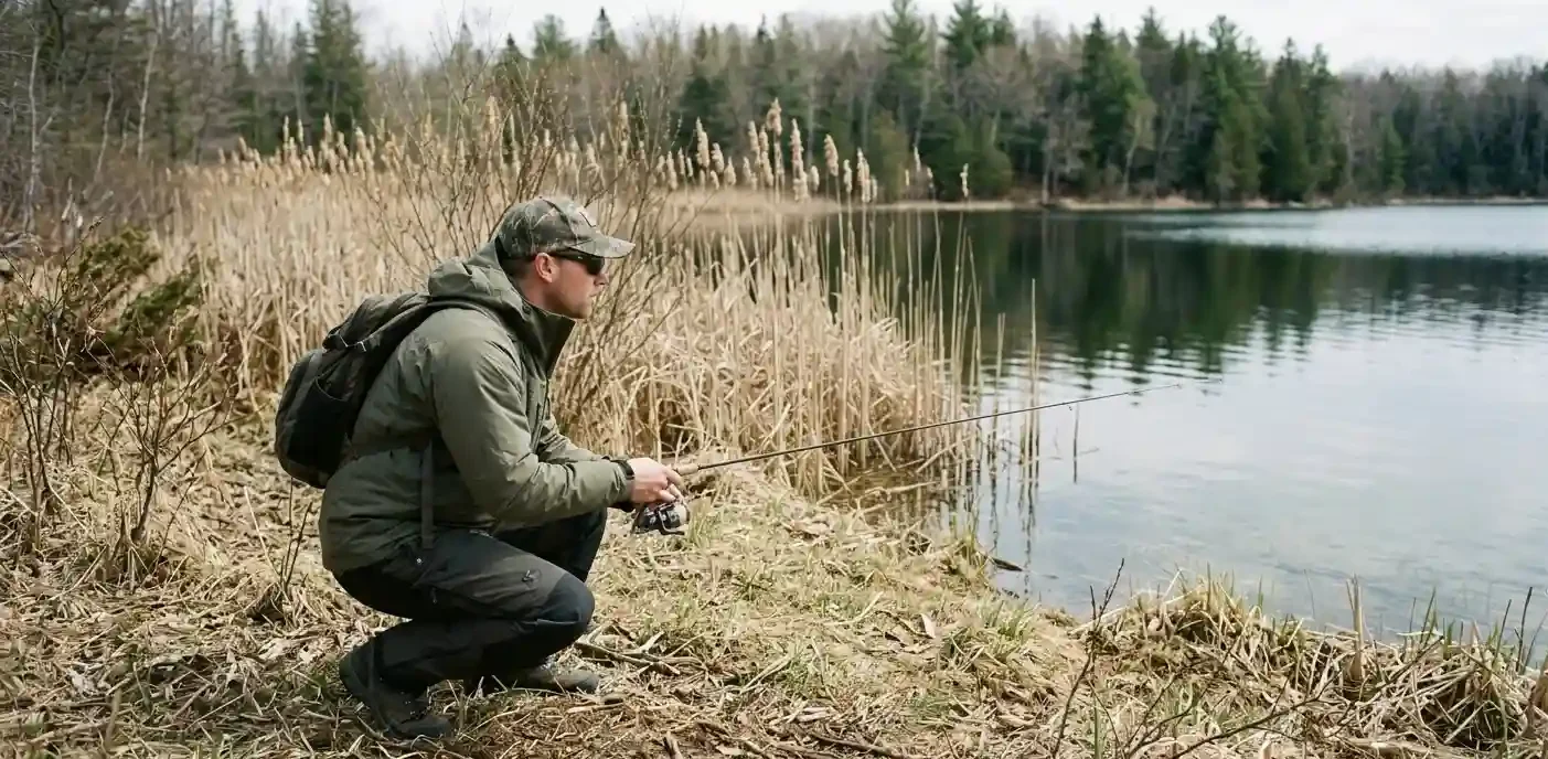 spring pike fishing from shore stealth casting technique crouching angler near shallow water reed edge