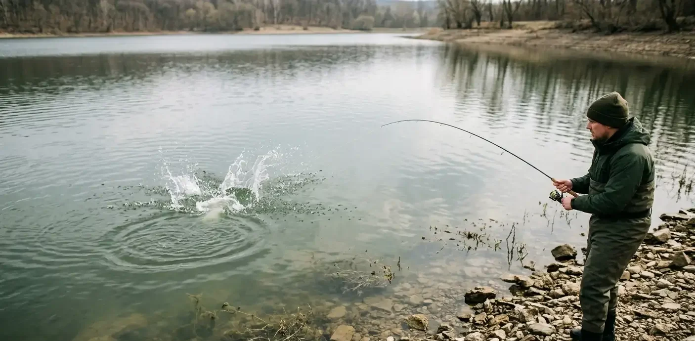 spring pike fishing from shore showing aggressive strike splash and instant hookset near the bank