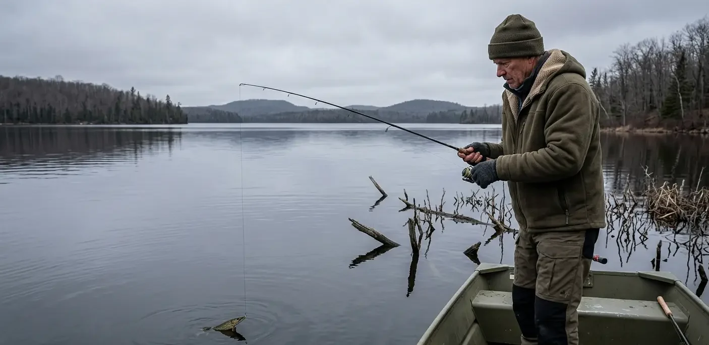 angler fishing slowly from boat in calm cold front conditions shallow spring water