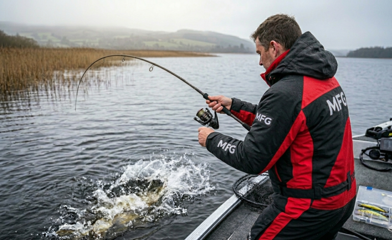 best spinning rods for pike powerful all-season bull rod bent under pressure during big fish fight from boat