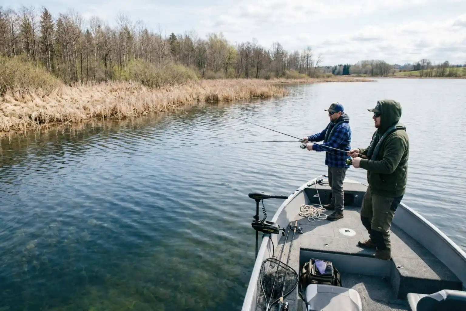 spring pike fishing from a boat anglers casting from aluminum fishing boat near shallow reed edge in early spring