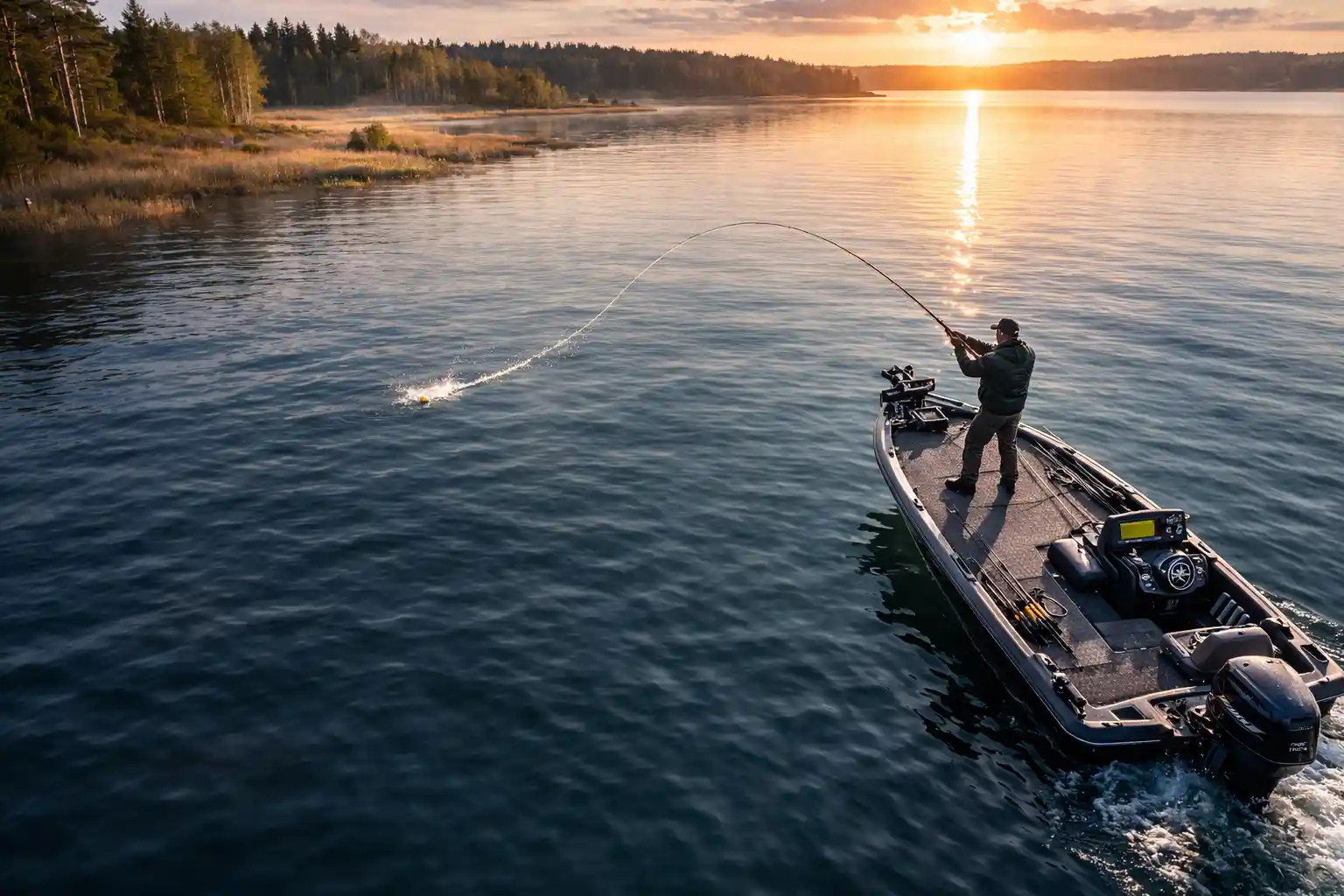 spring pike fishing from a boat at sunrise with precise casting angles and full strike zone control