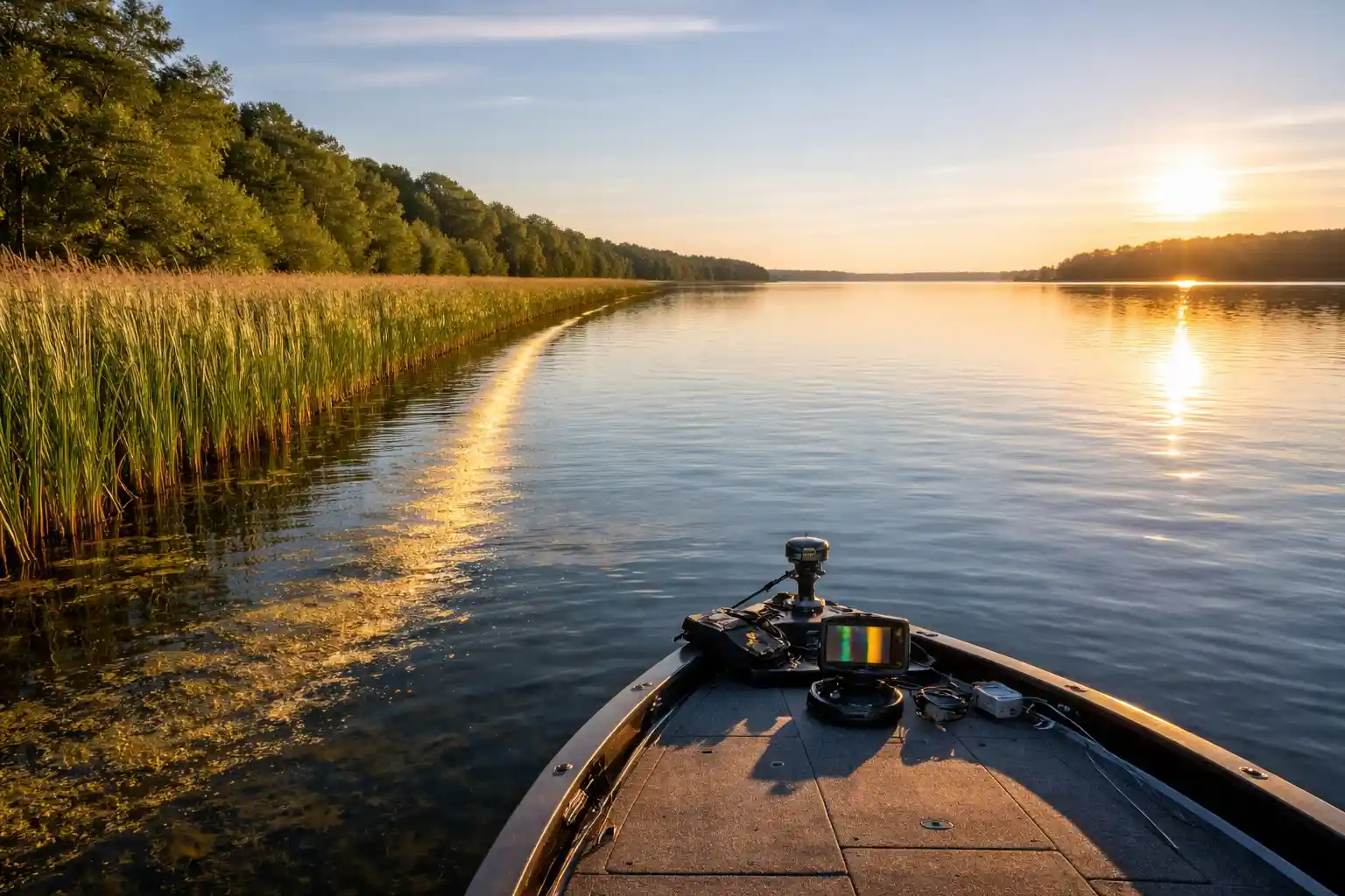 spring pike fishing from a boat showing correct positioning near weed line for optimal casting angle and strike zone control