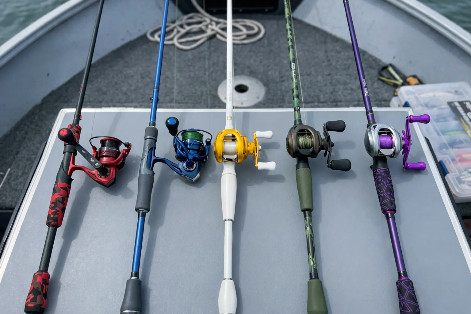 spinning and baitcasting rods and reels arranged on boat deck showing different fishing setups for precision and control