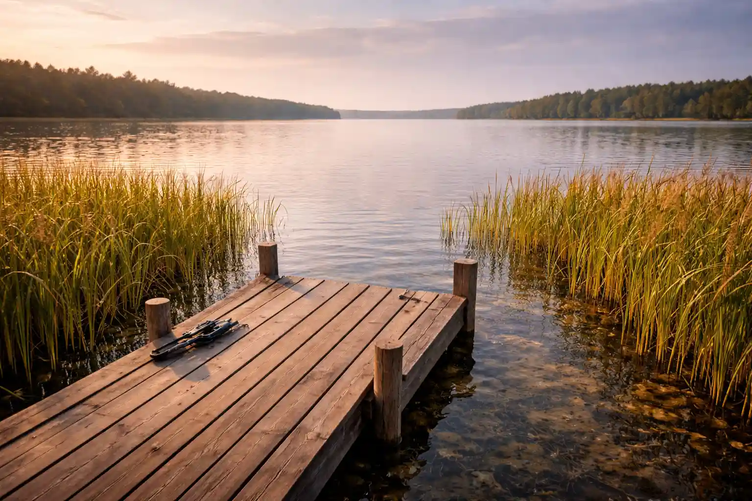 Quiet wooden fishing dock between spawning reeds opening to a vast early spring lake