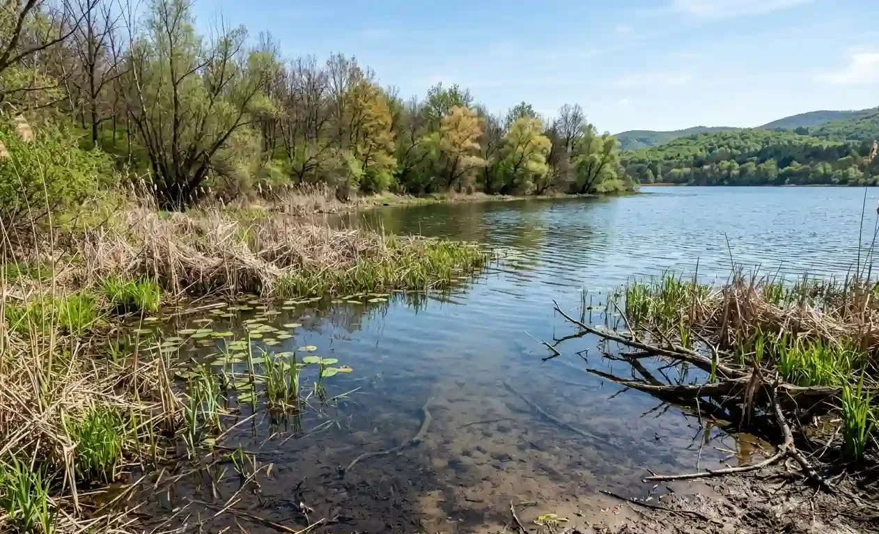 spring pike fishing from shore shallow bay warm water zone with reeds and structure early season location