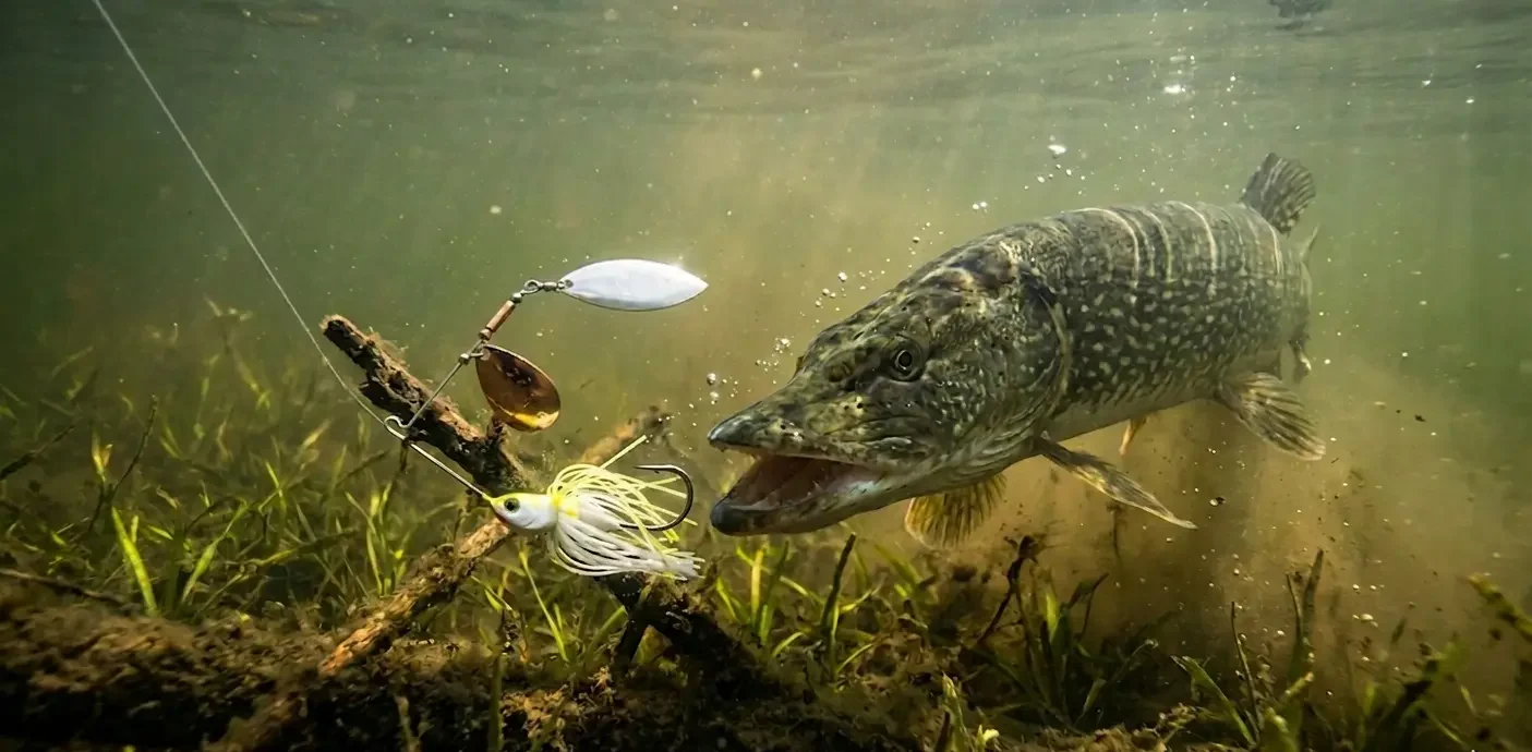 pike striking spinnerbait near bottom structure with sediment disturbance in shallow water