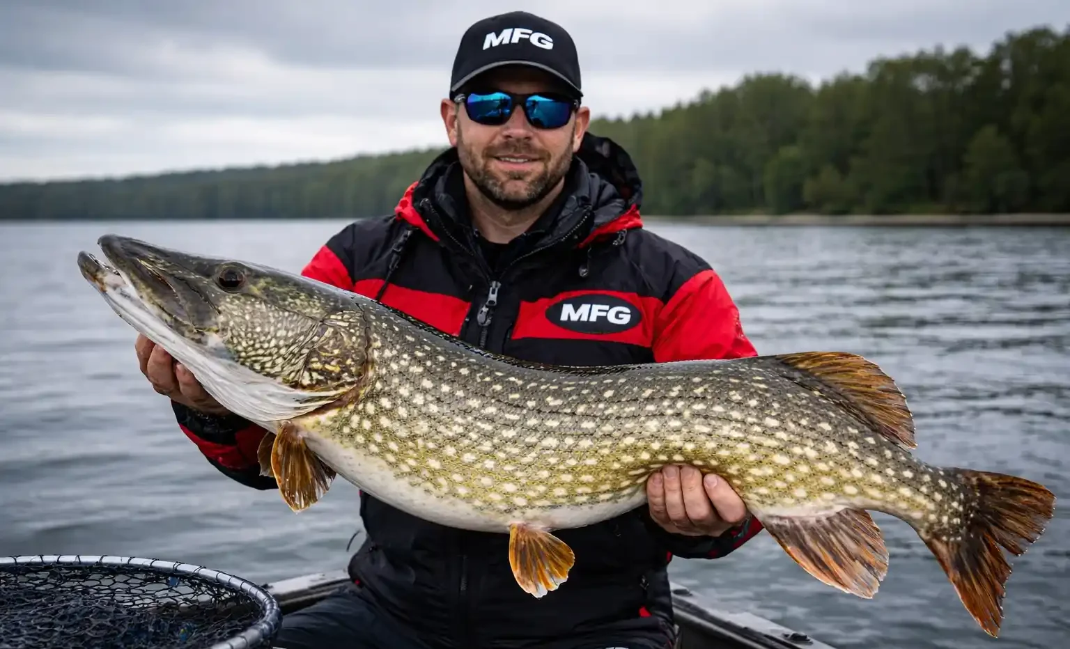 angler holding a large northern pike in professional fishing gear on a boat