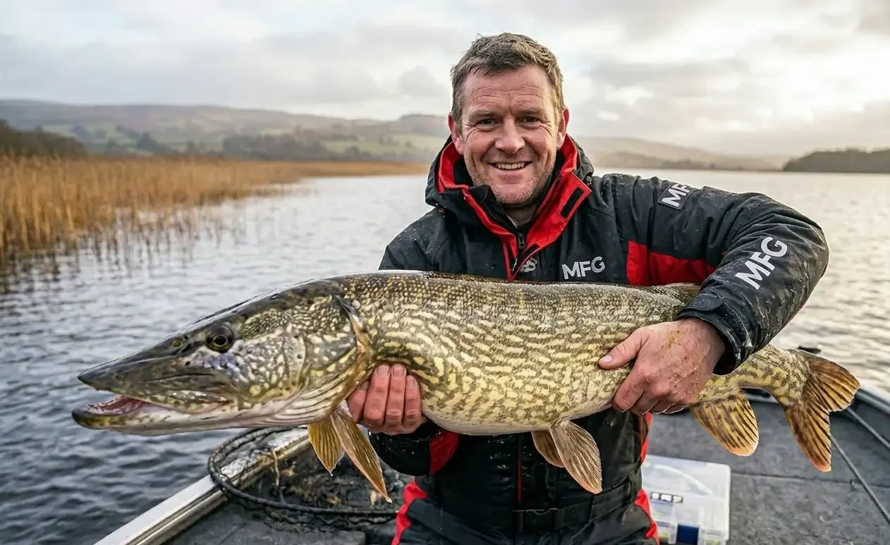 best spinning rods for pike angler holding a large pike in a modern boat after a successful catch