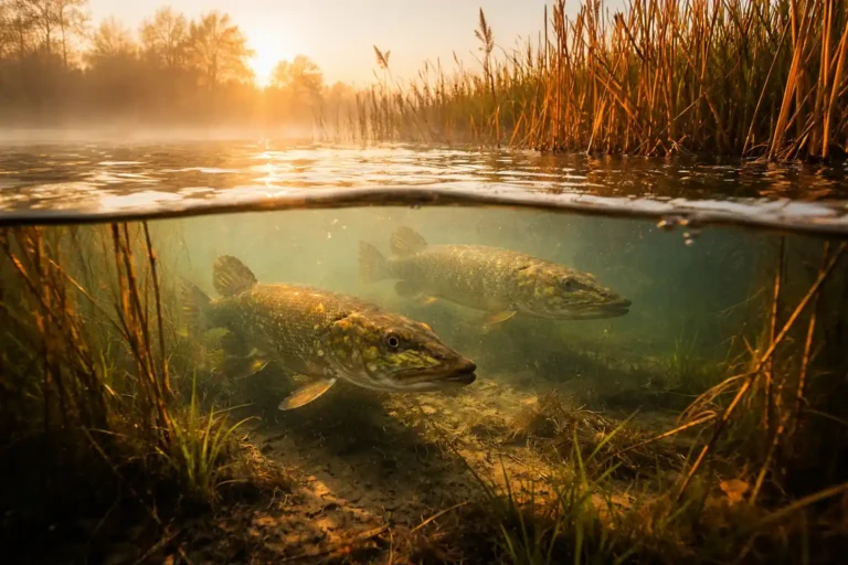 Large northern pike spawning in shallow grass during spring 4–10°C temperature window