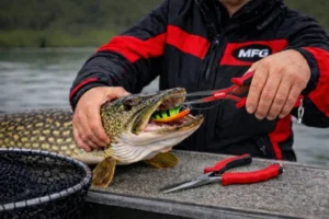 how to handle pike safely – angler removing jerkbait from northern pike using long pliers during catch and release