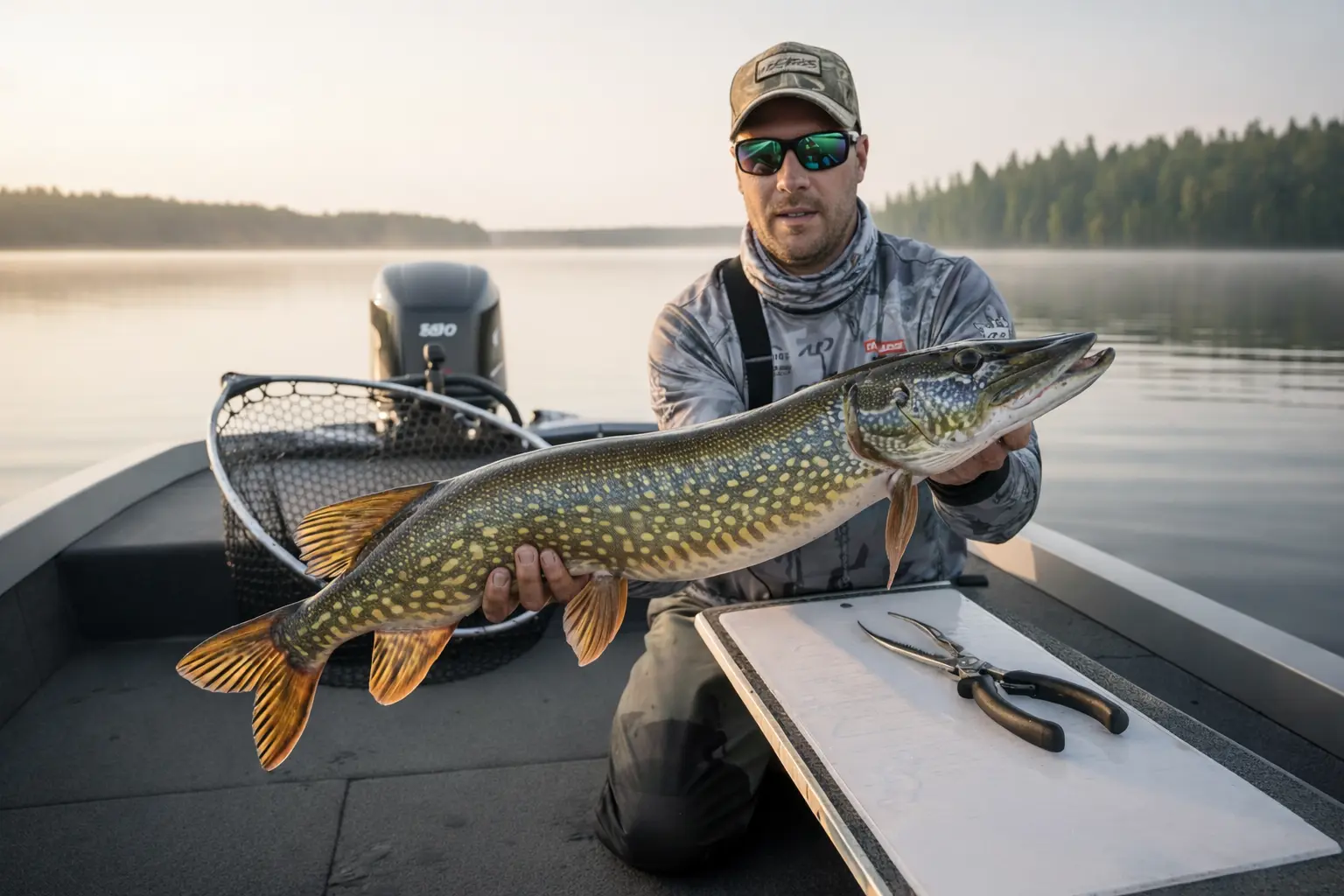 how to handle pike safely angler holding large northern pike after unhooking in a fishing boat