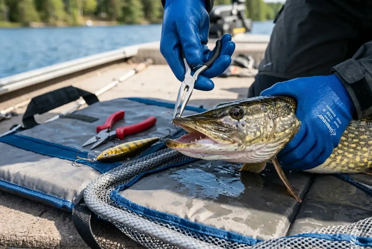 how to remove hooks from pike safely using long nose pliers removing lure from northern pike mouth