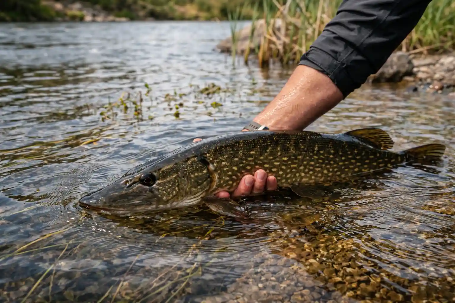 how to handle pike safely catch and release northern pike supported in shallow water by angler
