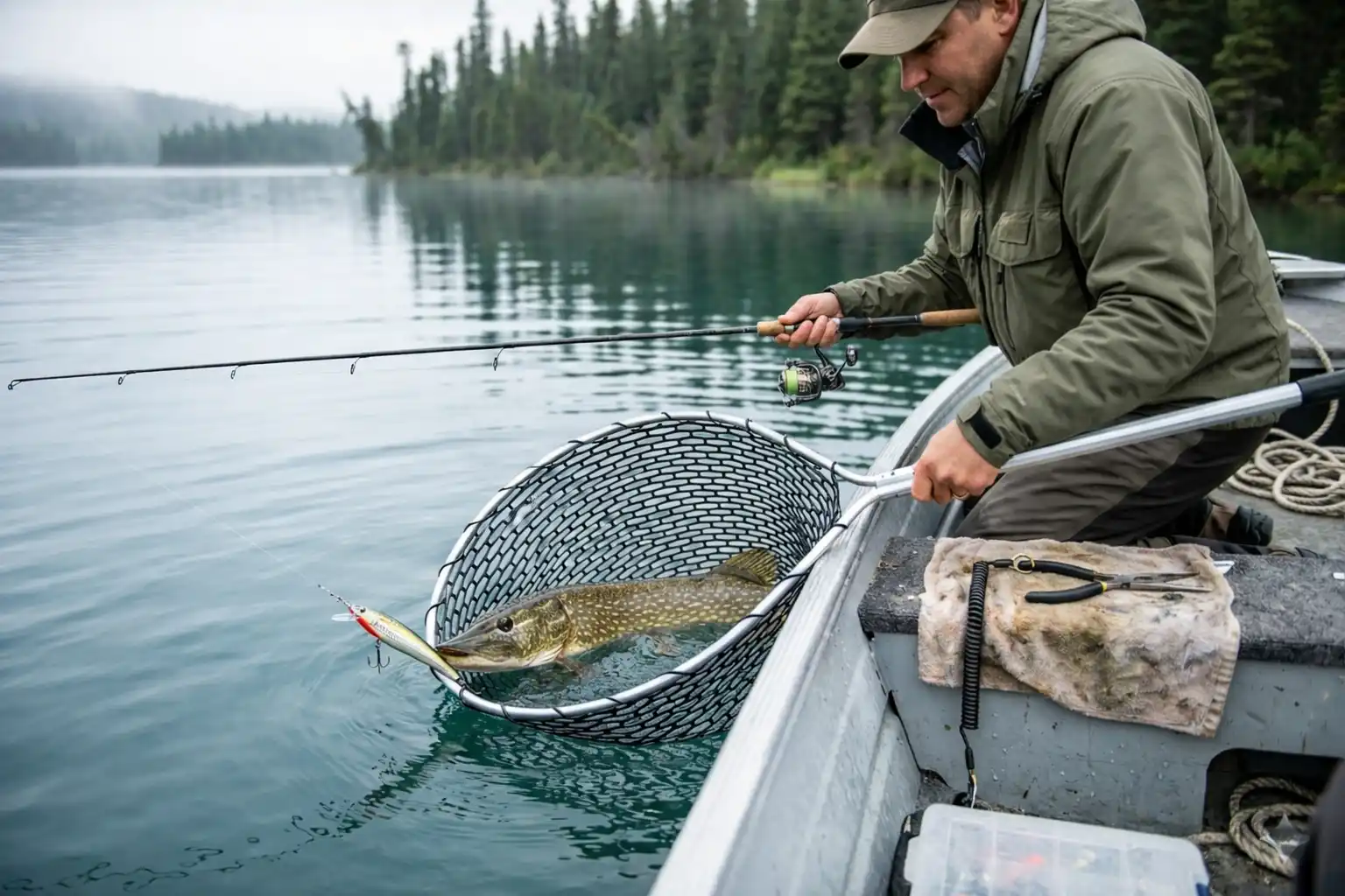 how to handle pike safely landing northern pike with rubber landing net beside a fishing boat