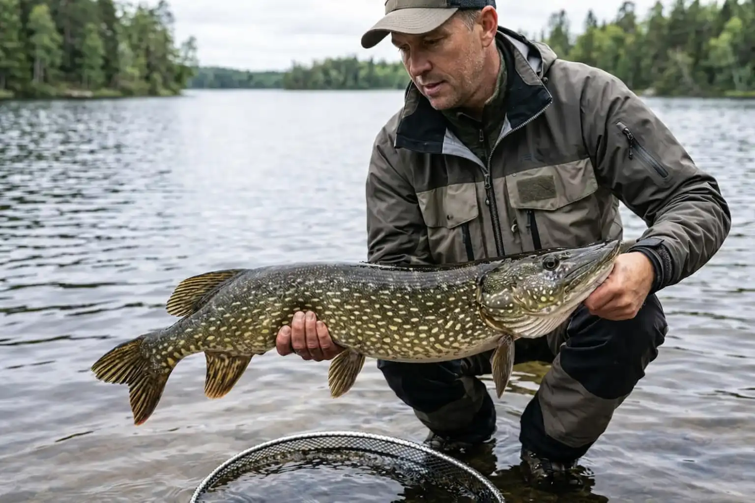 trophy northern pike safe horizontal hold angler supporting large pike with two hands catch and release fishing