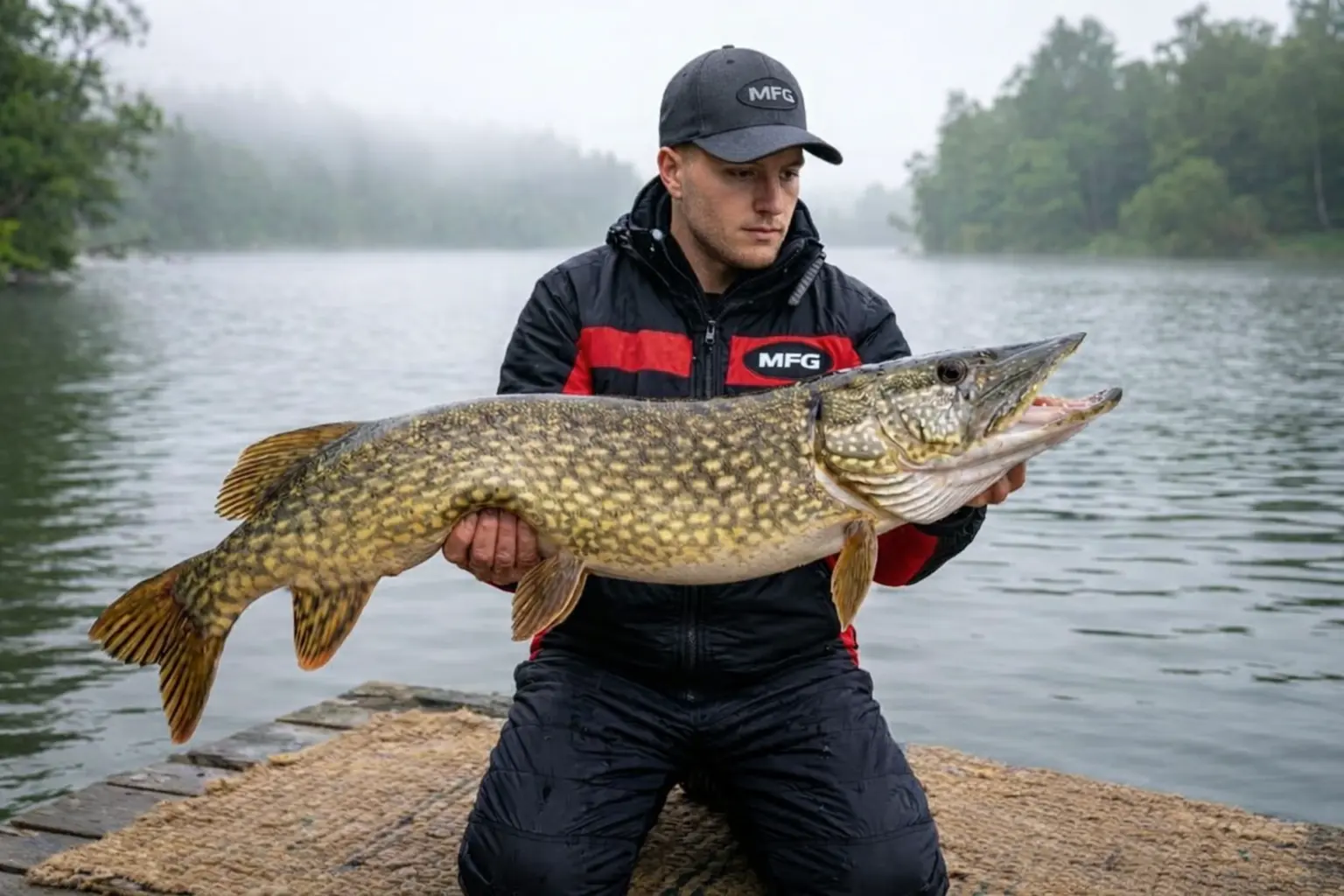 angler holding large northern pike horizontally safe trophy pike handling catch and release fishing